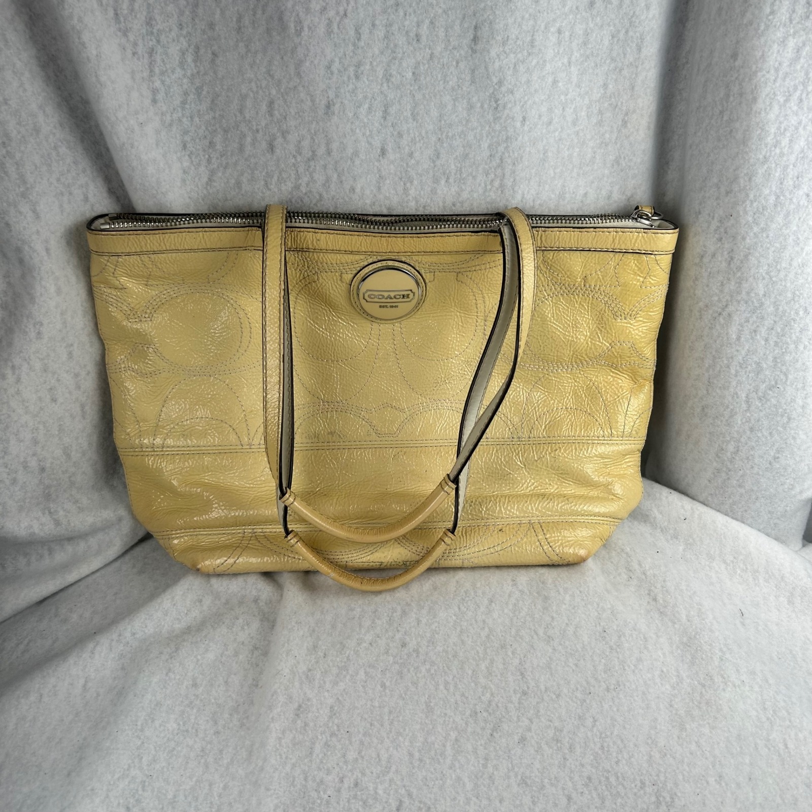 Coach Tote Bag Women Large Yellow Patent Leather Signature Stitched F15142